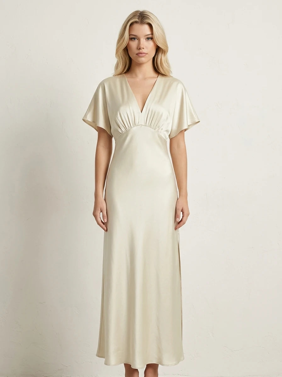 Champagne V-Neck Satin Maxi Dress with Side Split Main image