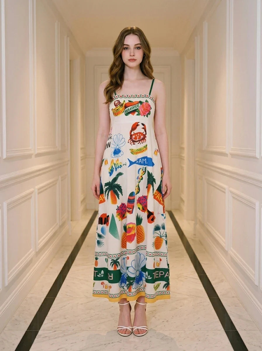 Tropical Paradise Print Smocked Maxi Dress