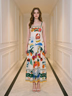Tropical Paradise Print Smocked Maxi Dress
