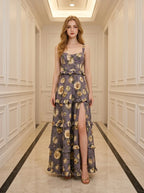 Charcoal Purple Rose Tiered Lace-Up Maxi Dress