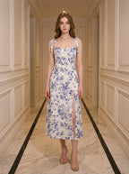 Blue Floral Tie-Strap Midi Dress with Split