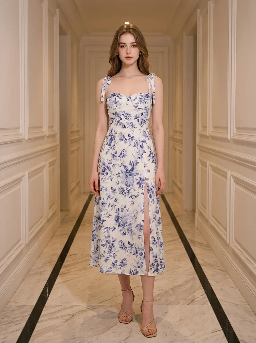 Blue Floral Tie-Strap Midi Dress with Split