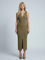 Ribbed Knit Button Front Maxi Dress - Olive