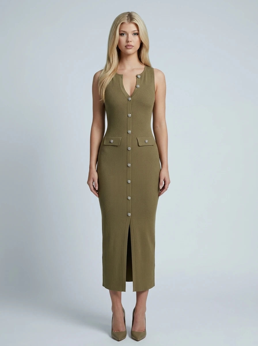 Ribbed Knit Button Front Maxi Dress - Olive Main image