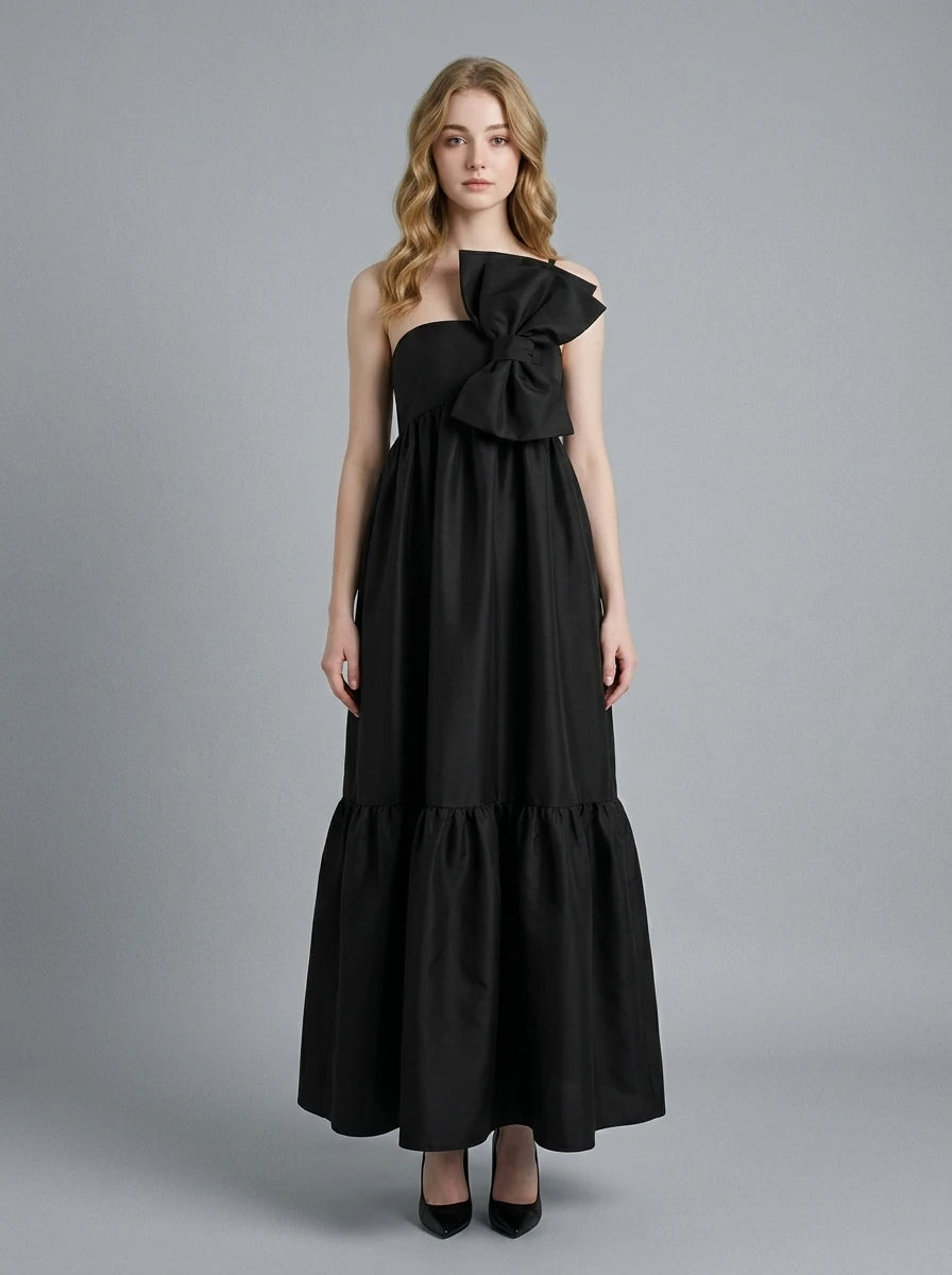 Black Bow One Shoulder Tiered Maxi Dress Main image