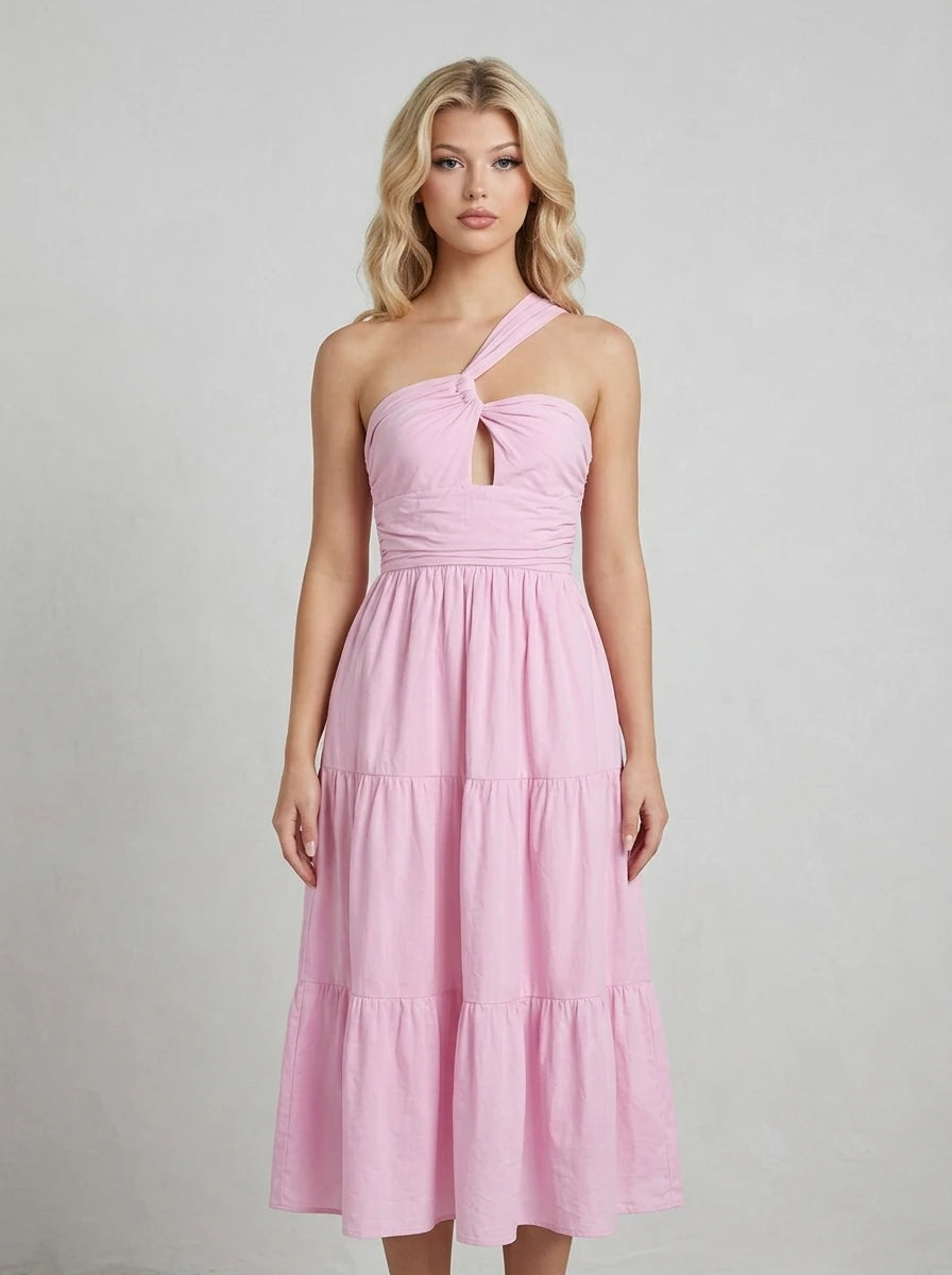 Pink One Shoulder Cut Out Tiered Maxi Dress Main image