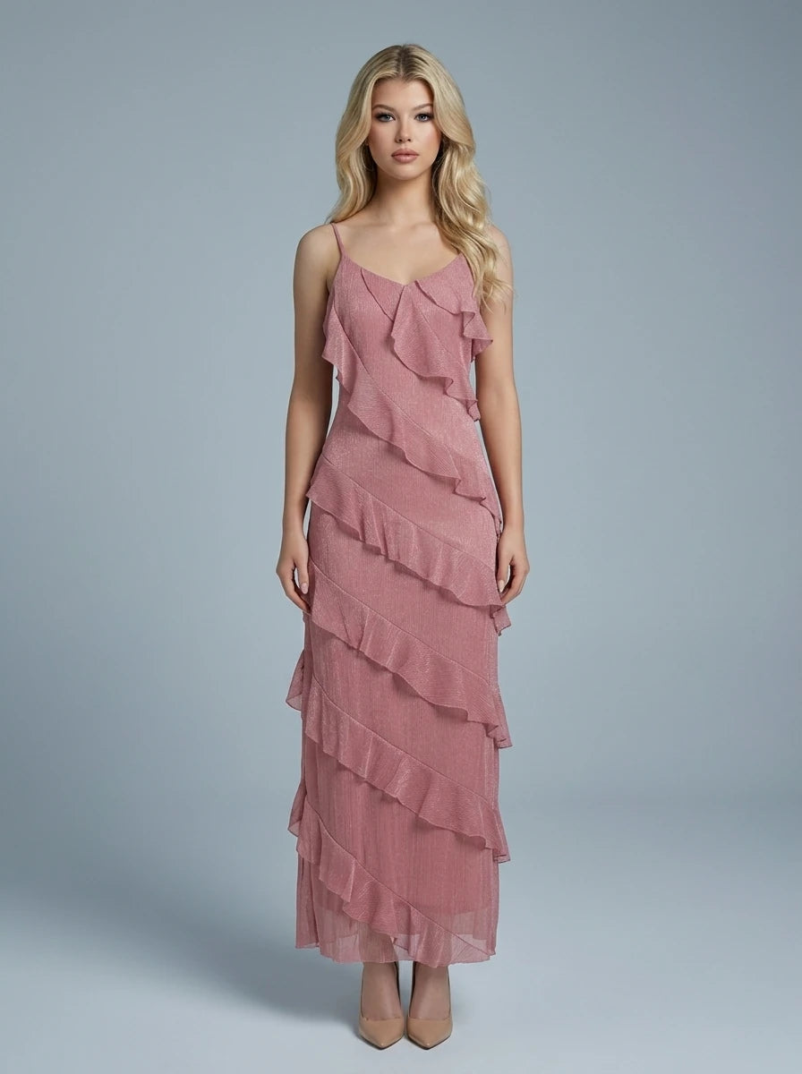 Shimmer Ruffle V-Neck Maxi Dress - Rose Main image