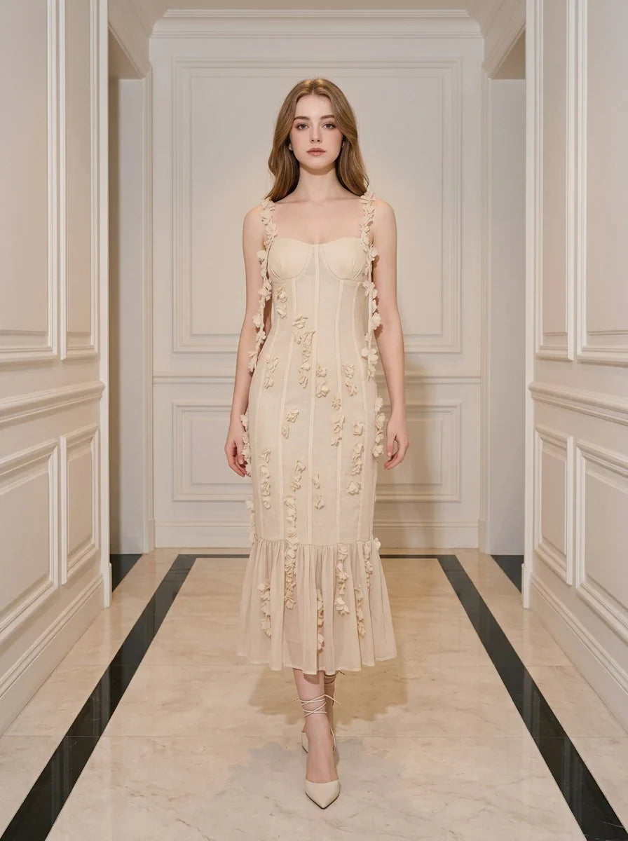 Beige 3D Floral Applique Sweetheart Midi Dress Main image