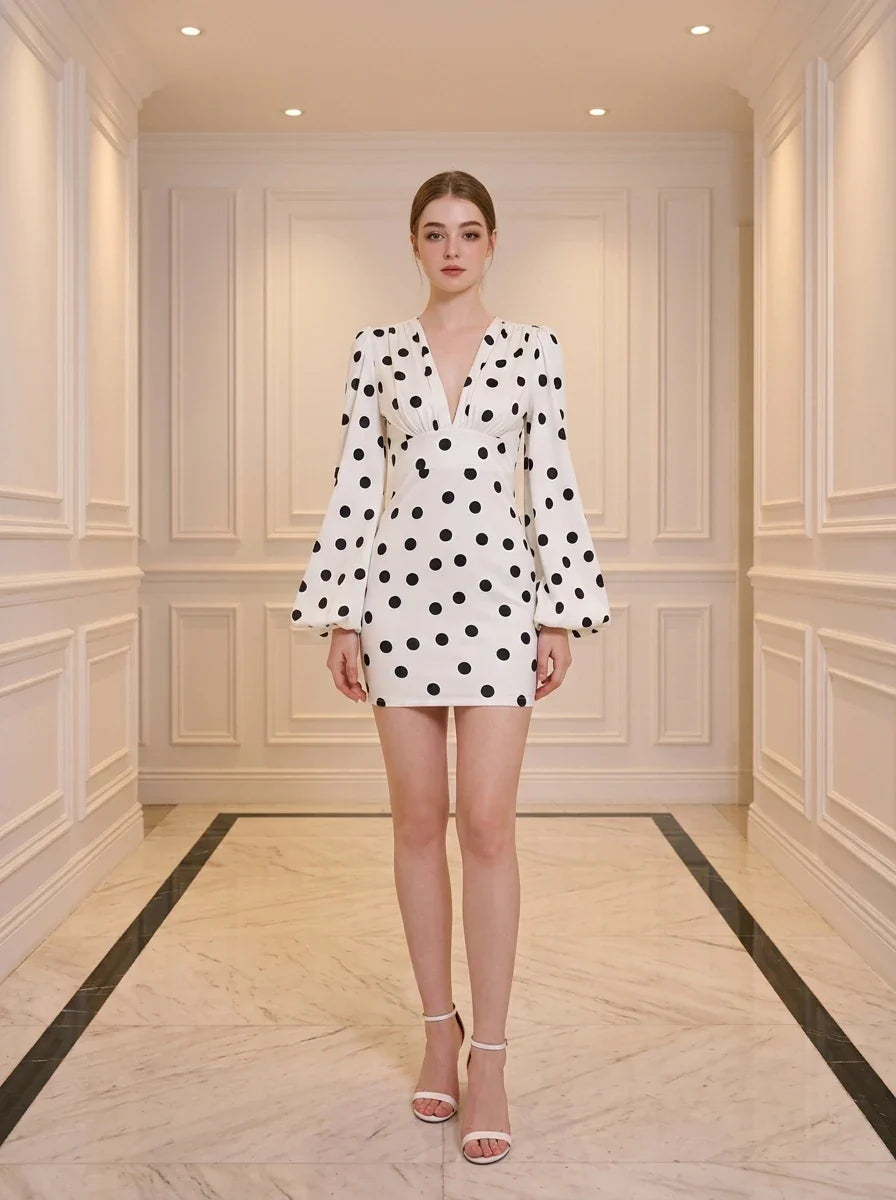 Polka Dot V-Neck Mini Dress with Lantern Sleeves Main image