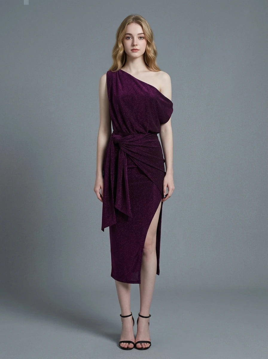 Berry Glitter Off Shoulder Midi Dress Main image