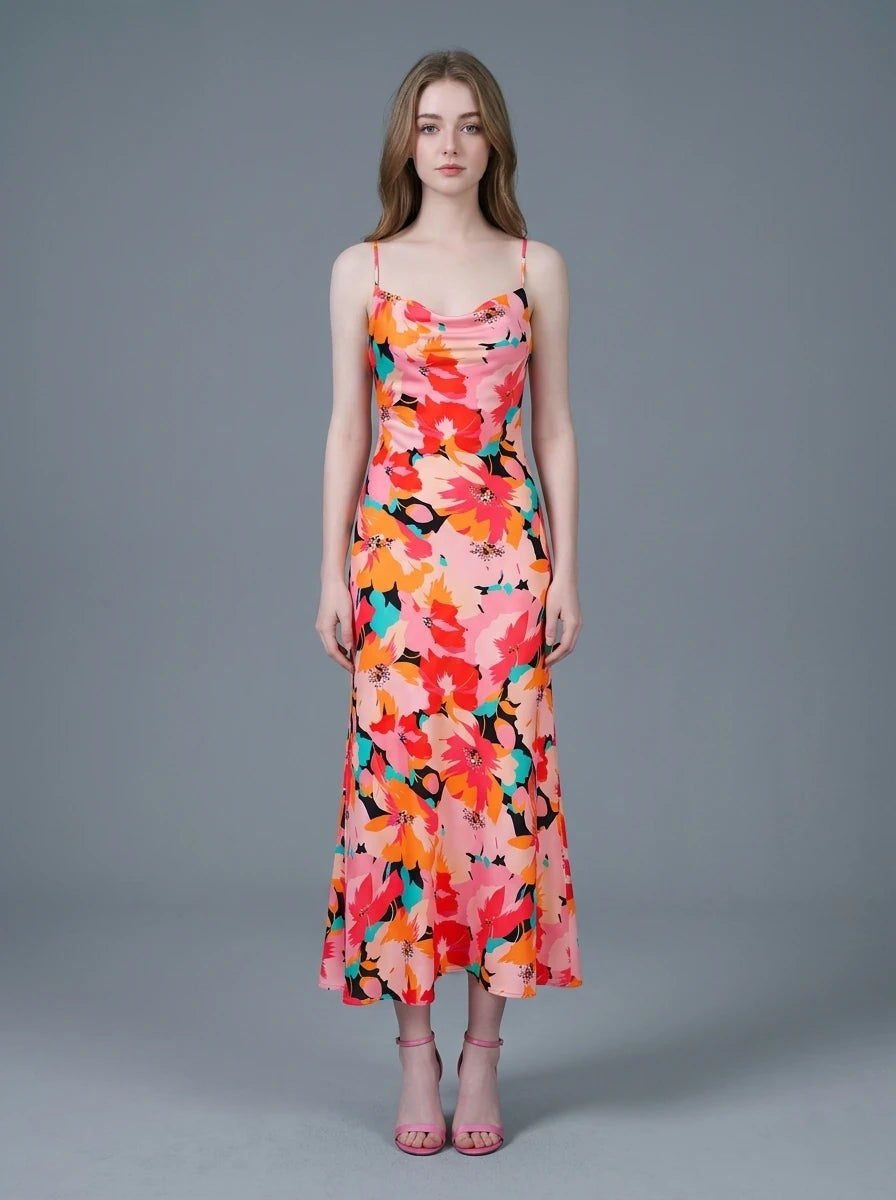 Pink Floral Cowl Neck Satin Midi Dress Main image