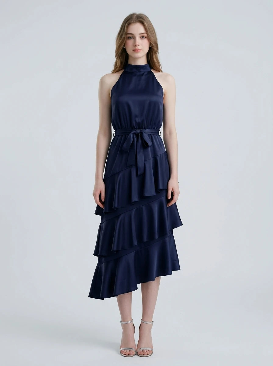 Navy Satin Tiered Ruffle Midi Dress Main image