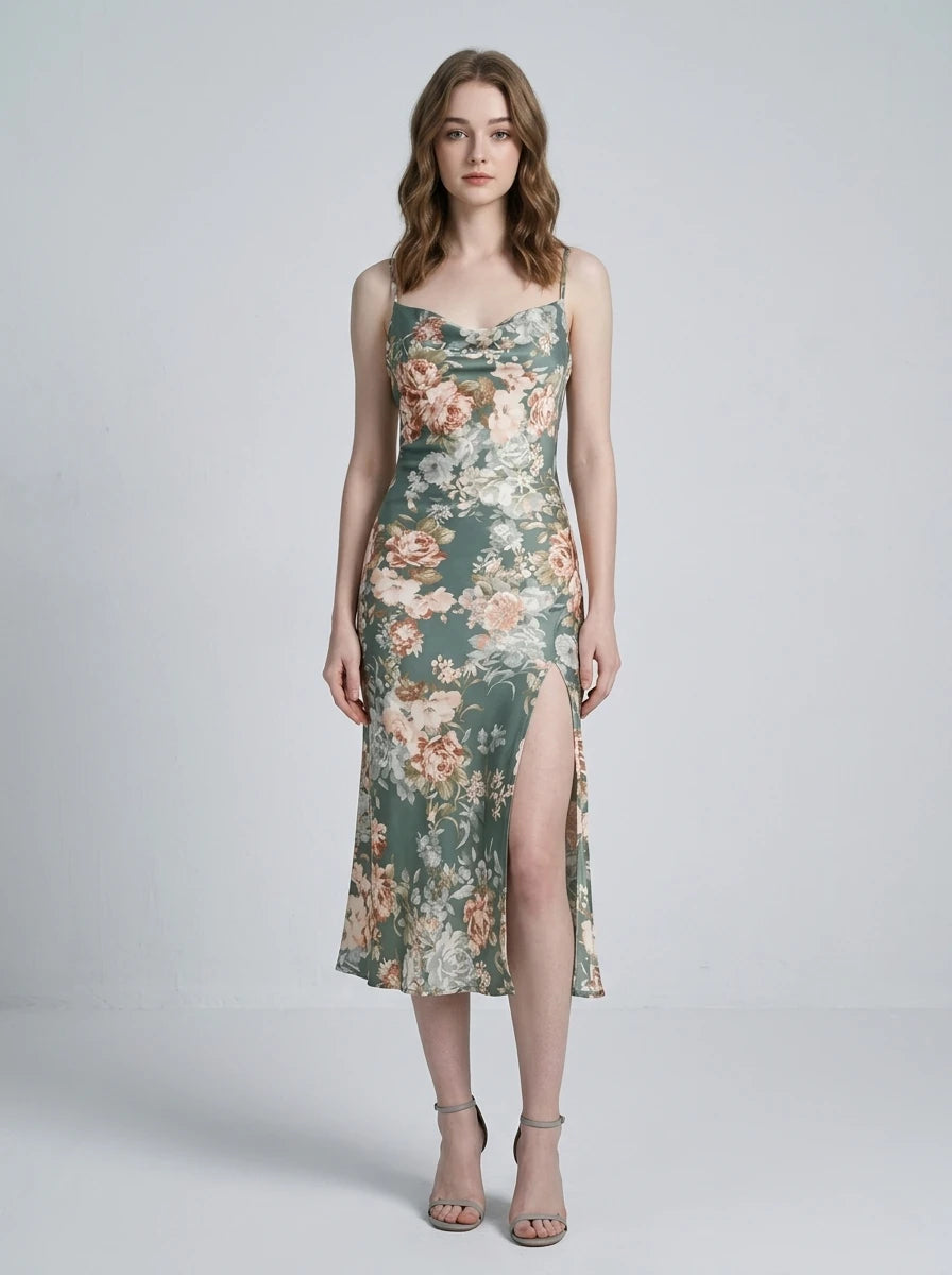 Green Floral Cowl Neck Satin Midi Dress Main image