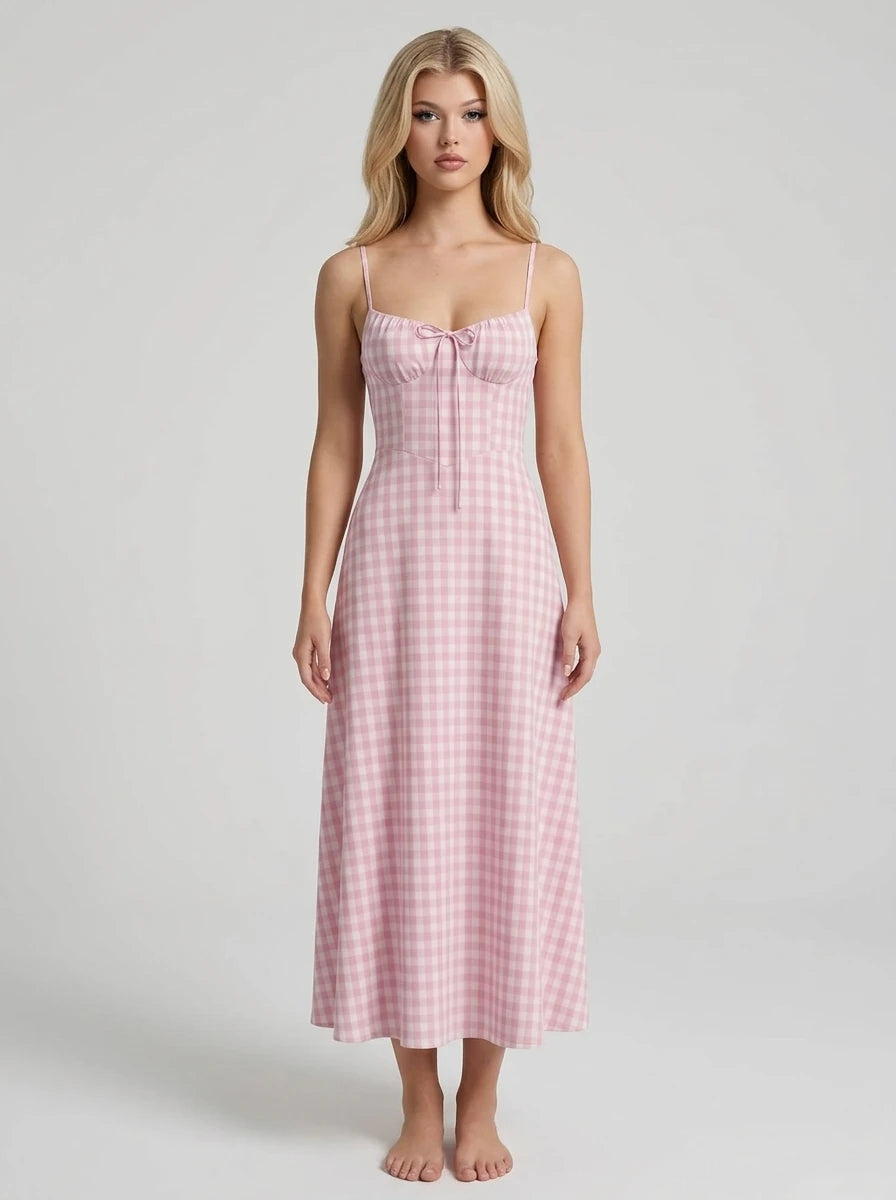 Pink Gingham Corset Back Midi Dress Main image