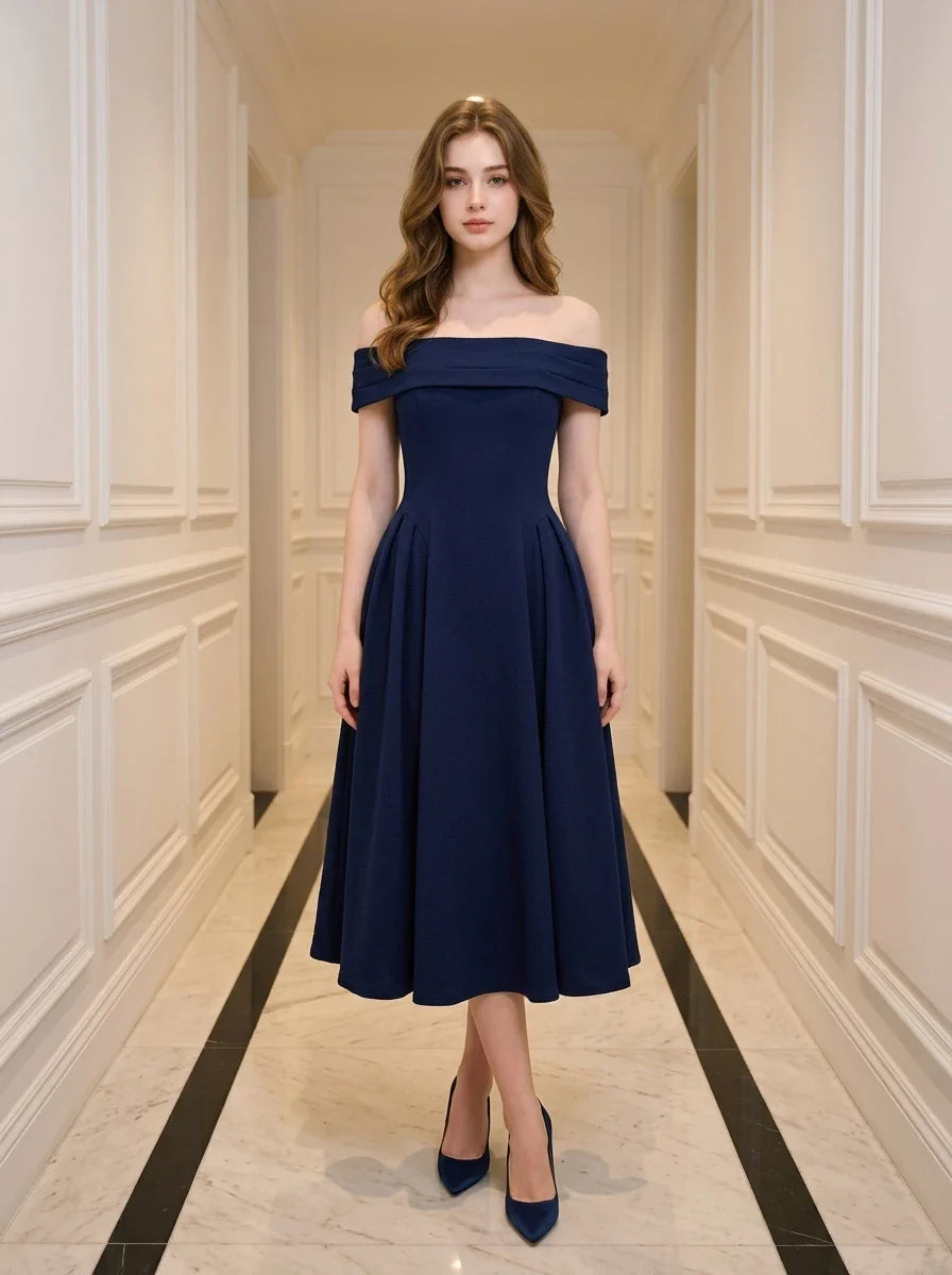 Navy Off-the-Shoulder Pleated Midi Cocktail Dress Main image