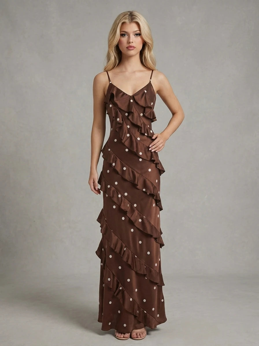 Brown Polka Dot Ruffle Satin Maxi Dress Main image