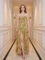 Green Floral Strapless Maxi Dress with Split
