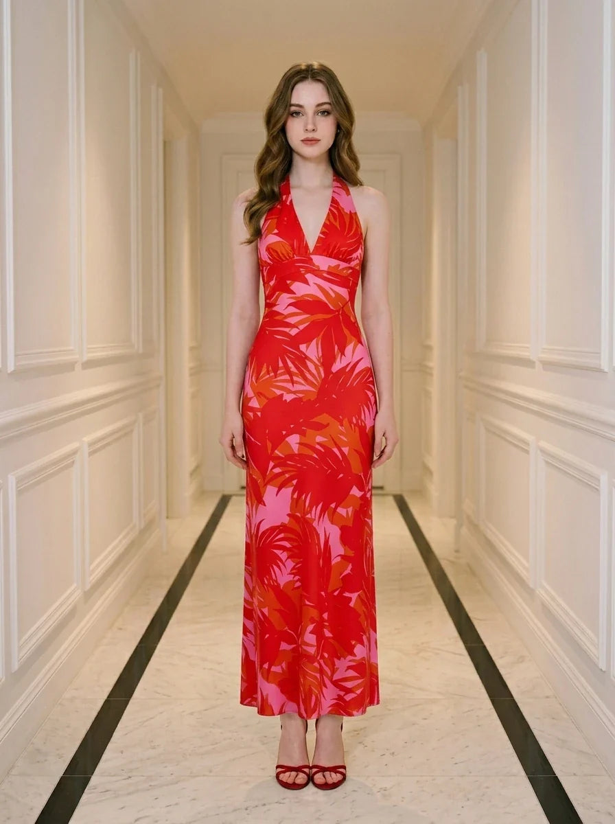 Red Tropical Palm Print Halter Maxi Dress Main image