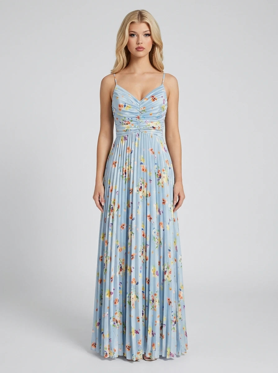 Pleated Floral Satin Maxi Dress - Light Blue Main image