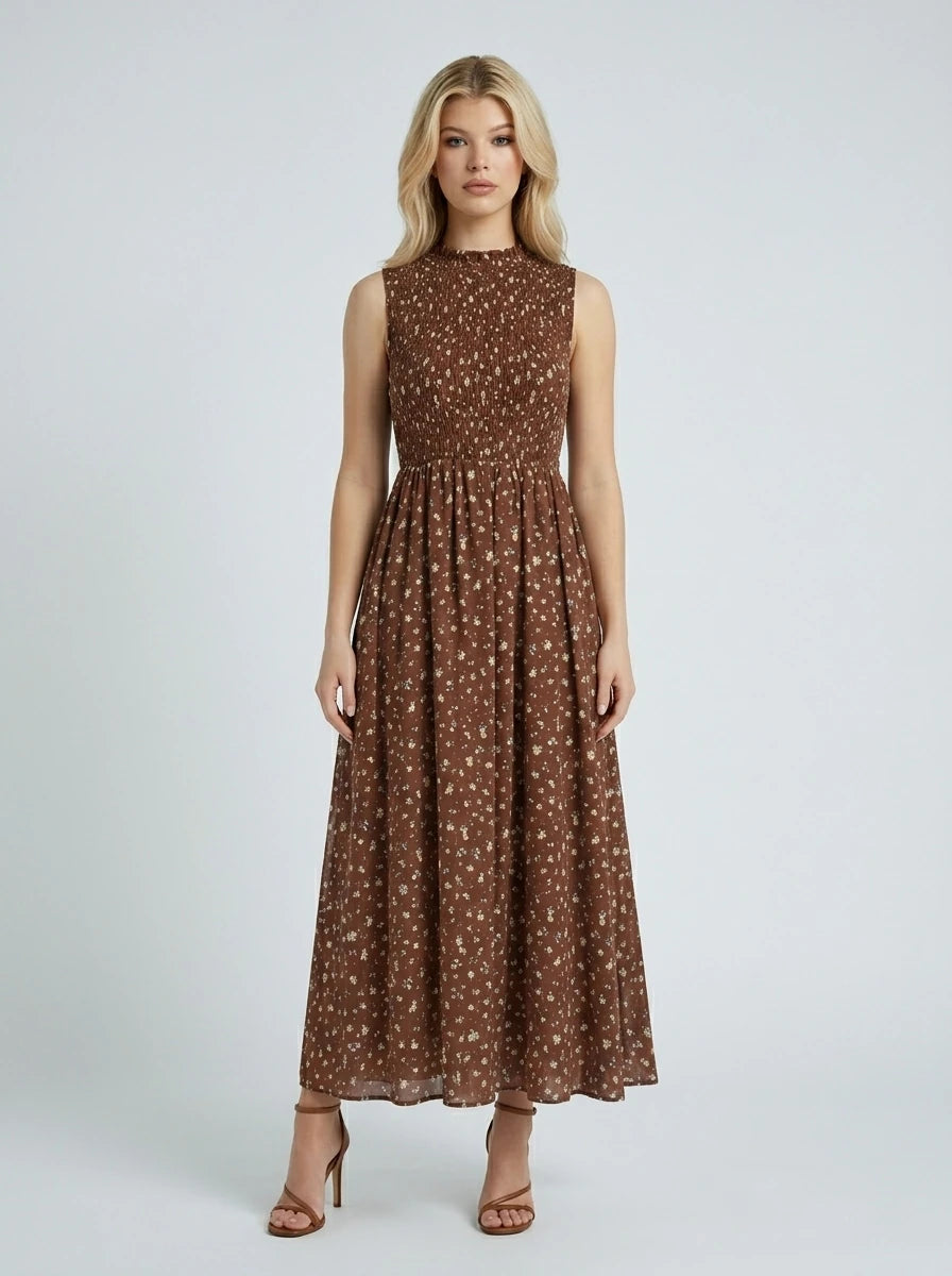 Smocked Floral Linen Blend Maxi Dress - Brown Main image