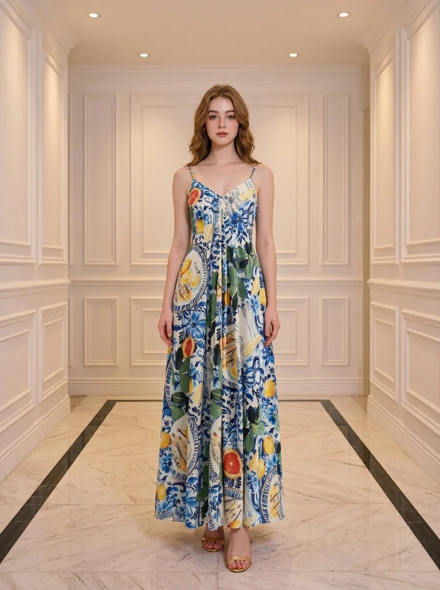 Blue Majolica & Lemon Print Cami Maxi Dress Main image