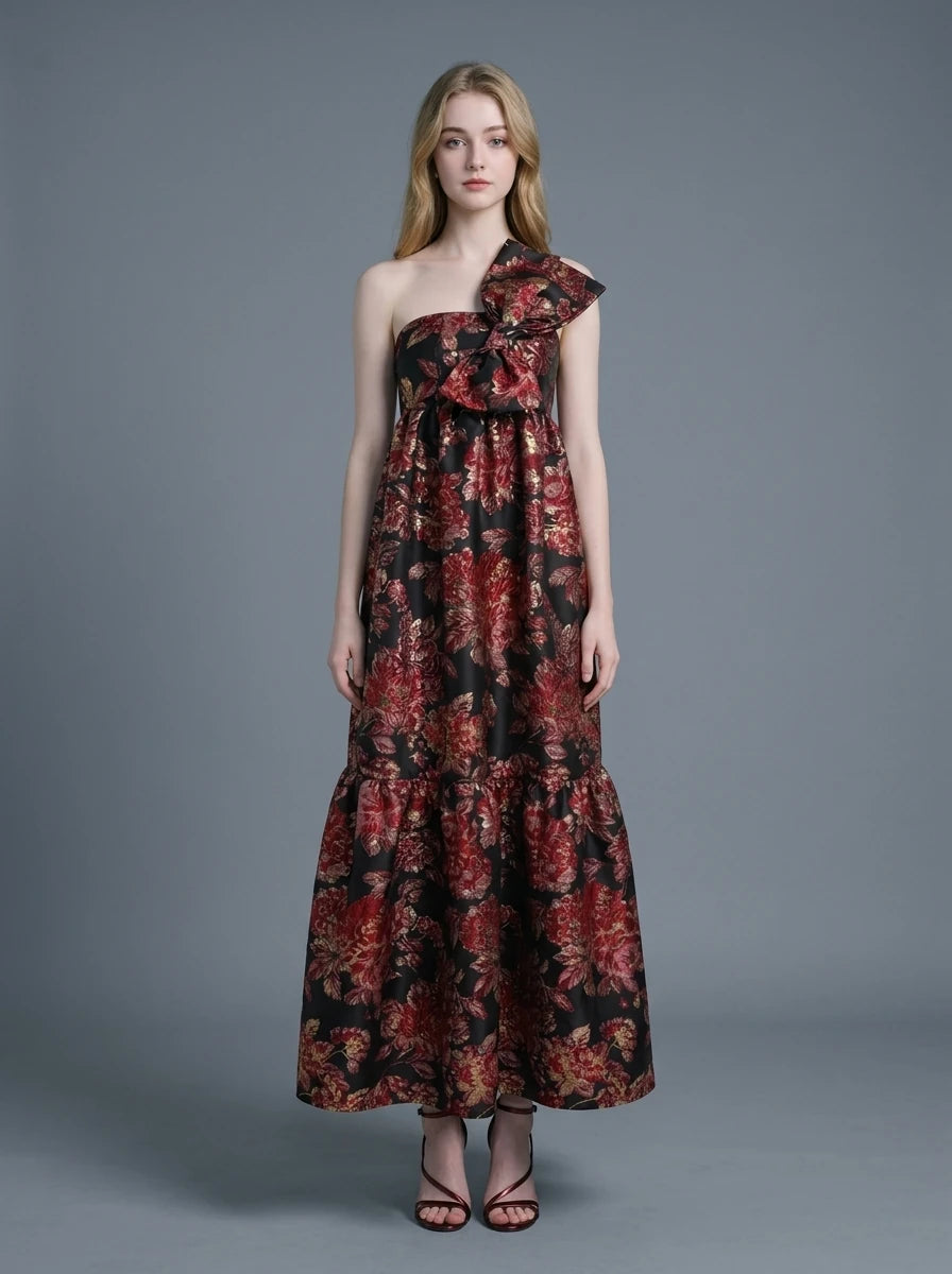 Red Floral Gold Metallic One Shoulder Maxi Dress Main image
