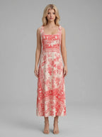 Red Floral Tie Strap Linen Maxi Dress Cream