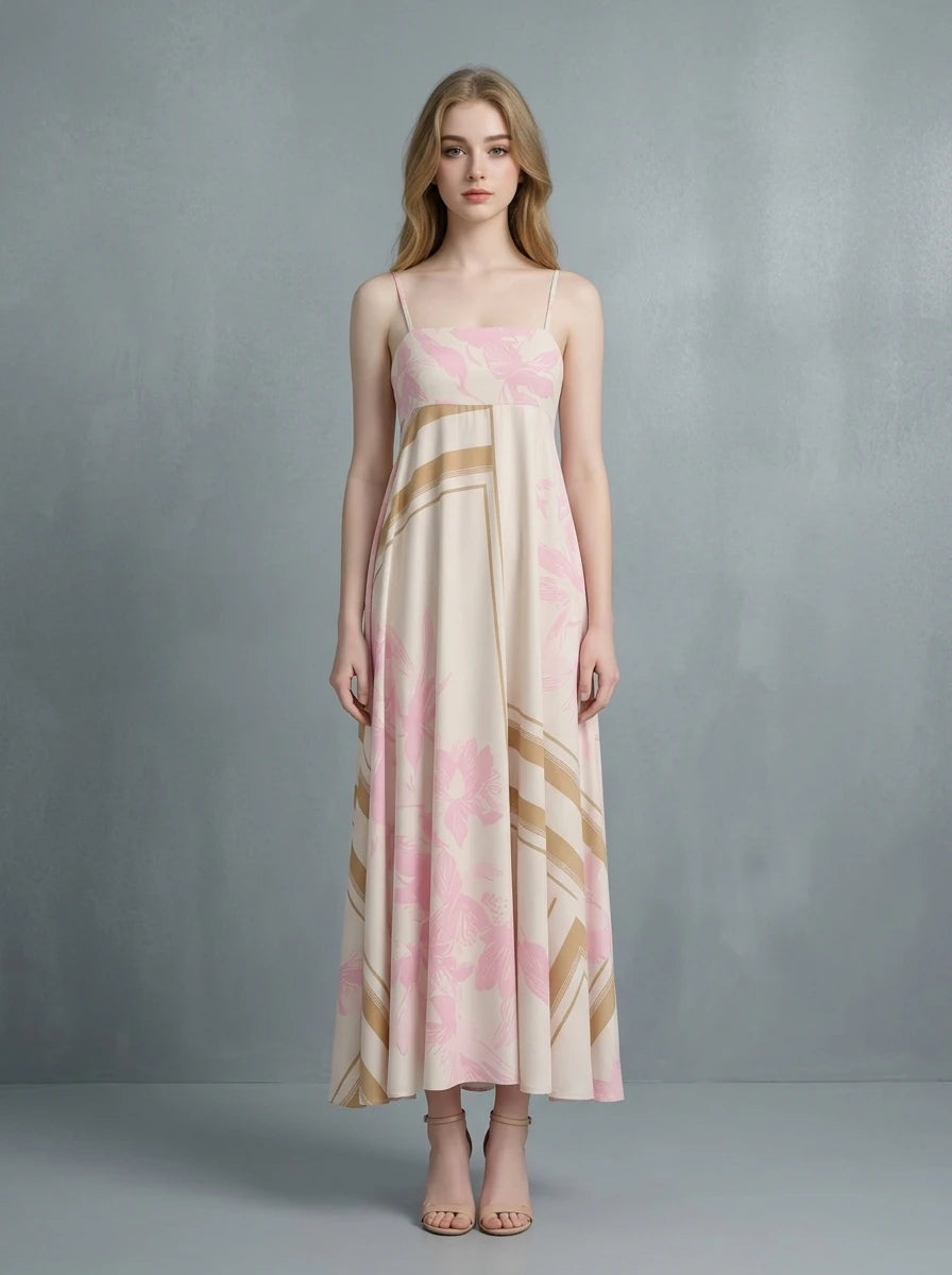 Pink Floral Square Neck Satin Maxi Dress