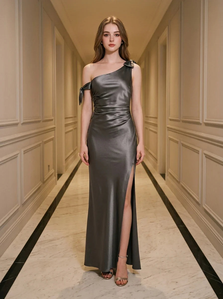 Charcoal Asymmetric Satin Maxi Dress with Split