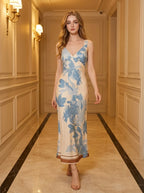 Floral V-Neck Maxi Dress in Cream and Blue