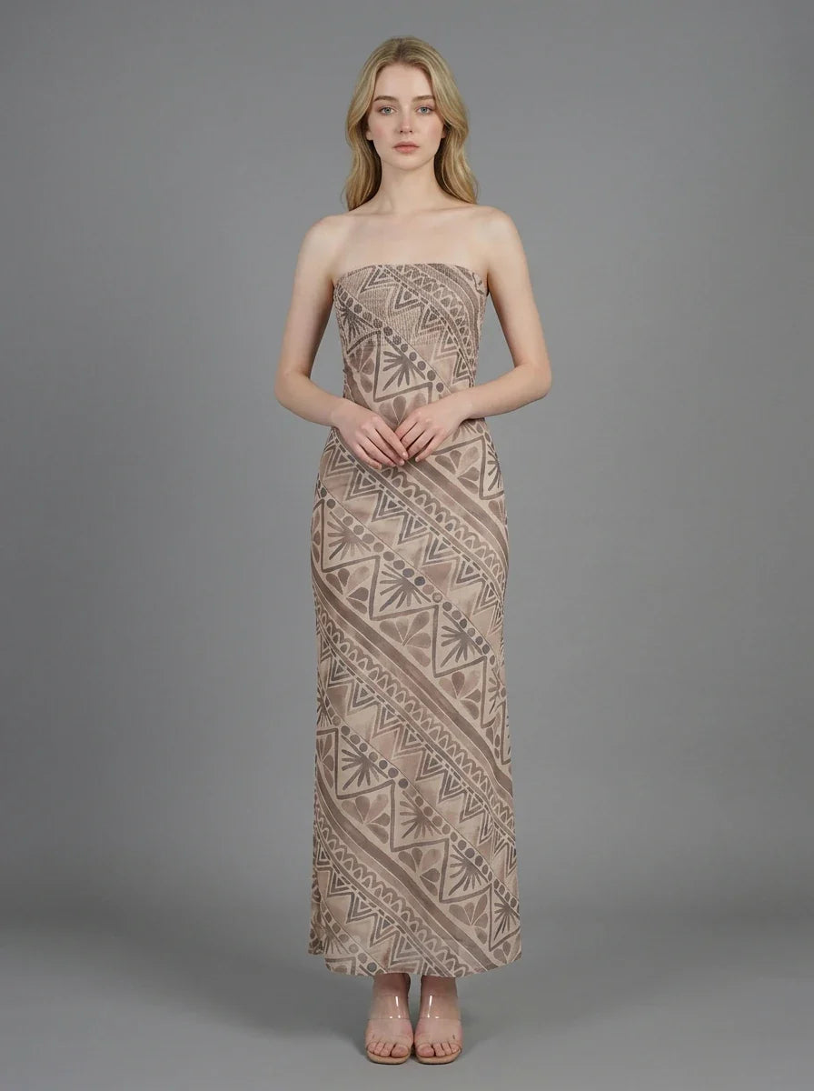 Tan Geometric Print Strapless Mesh Midi Dress Main image