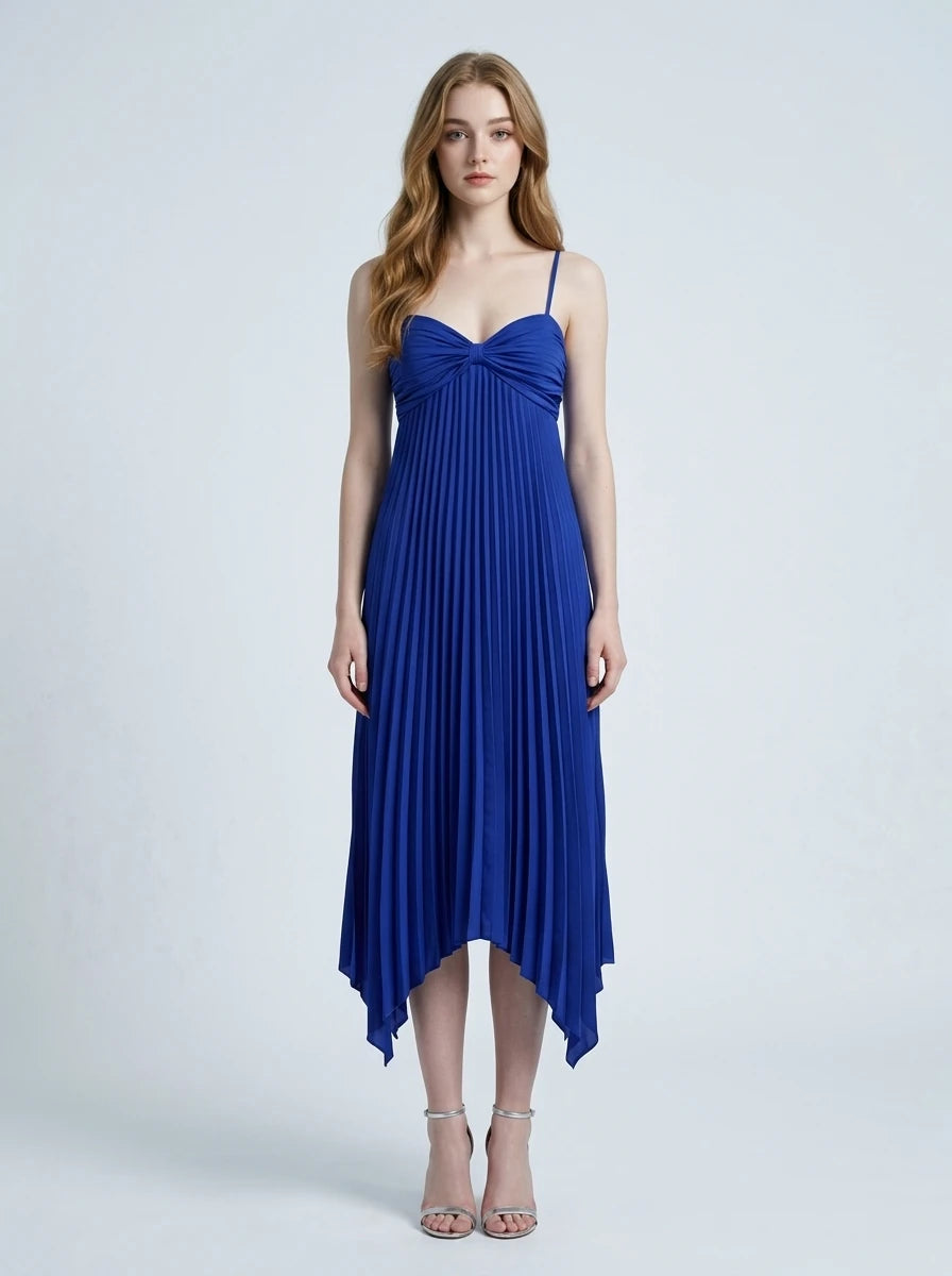 Cobalt Blue Pleated Asymmetrical Midi Dress Main image