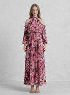 Pink Floral Pleated Off-Shoulder Maxi Dress