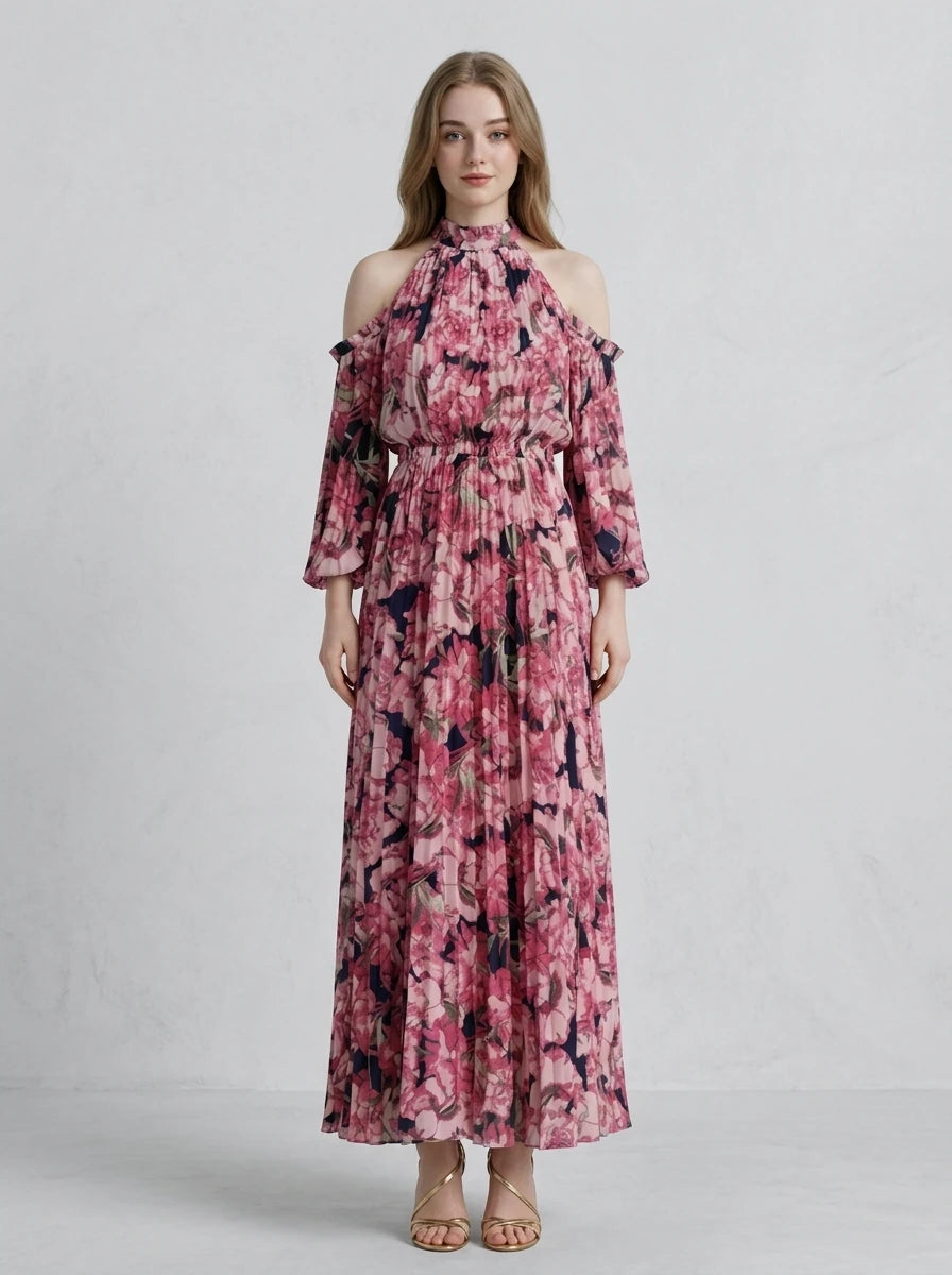 Pink Floral Pleated Off-Shoulder Maxi Dress