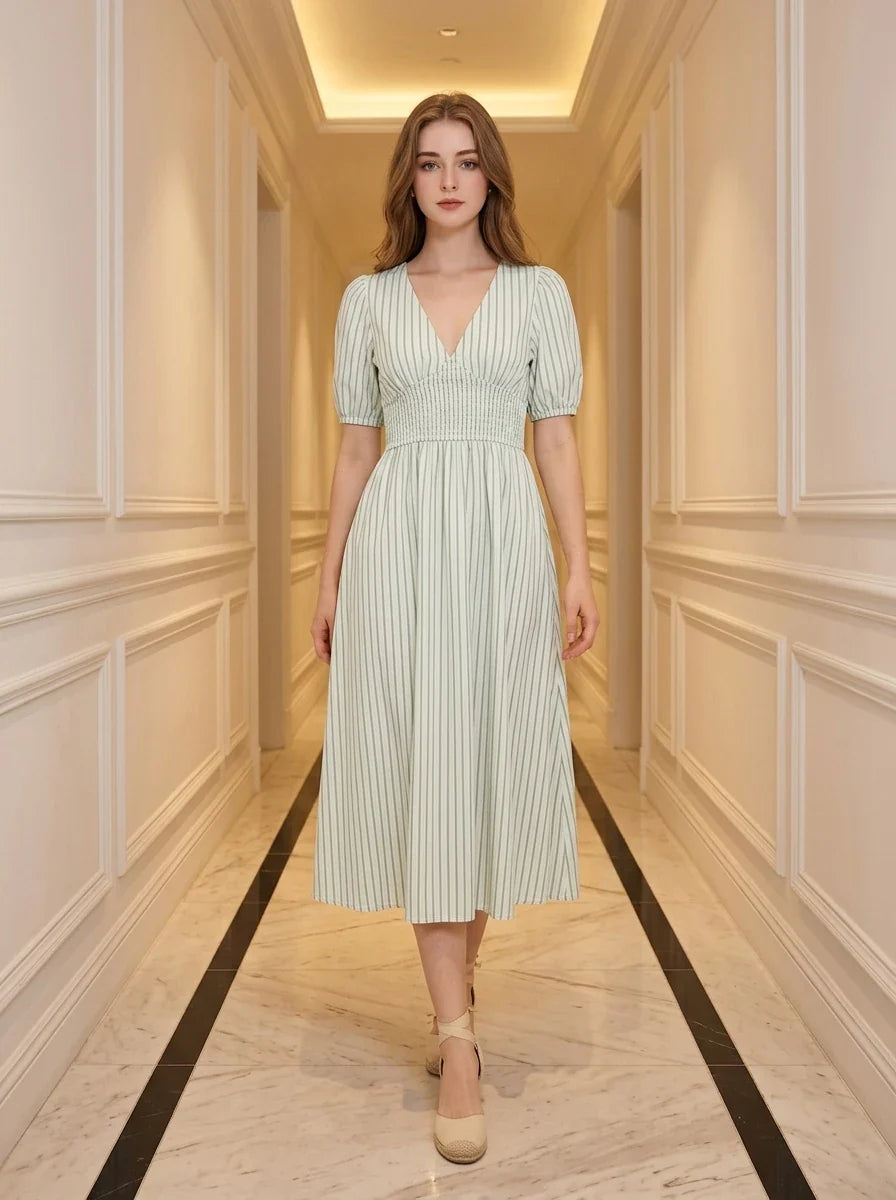 Blue-Green Striped V-Neck Shirred Midi Dress