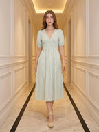 Blue-Green Striped V-Neck Shirred Midi Dress