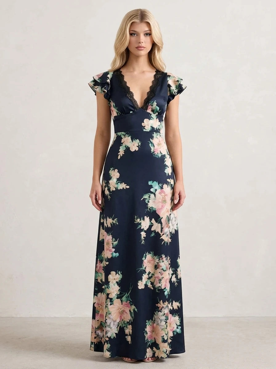 Black Floral Lace Trim Satin Maxi Dress Main image