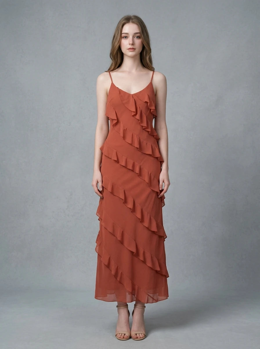 Rust Tiered Ruffle V-Neck Maxi Dress