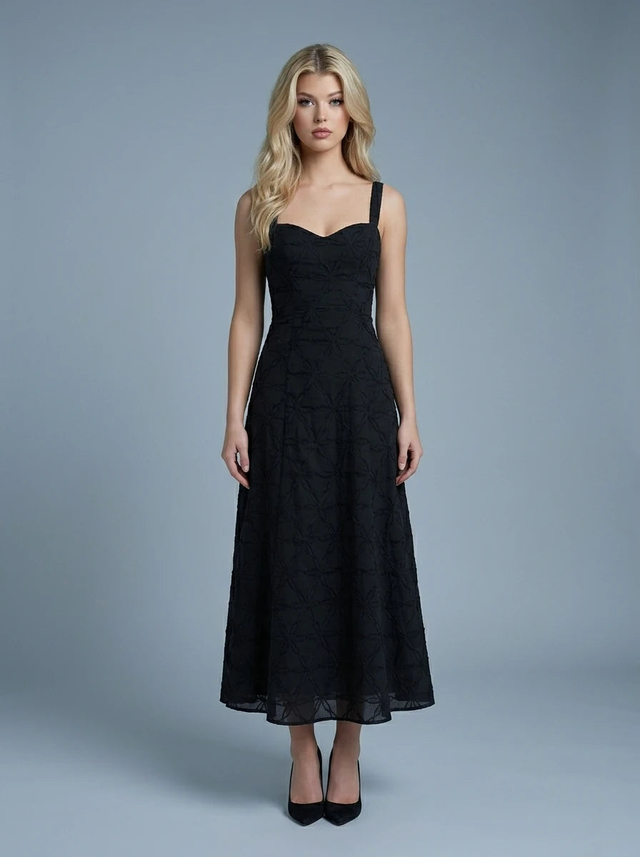 Textured Floral Embroidery Tie Back Maxi Dress - Black Main image