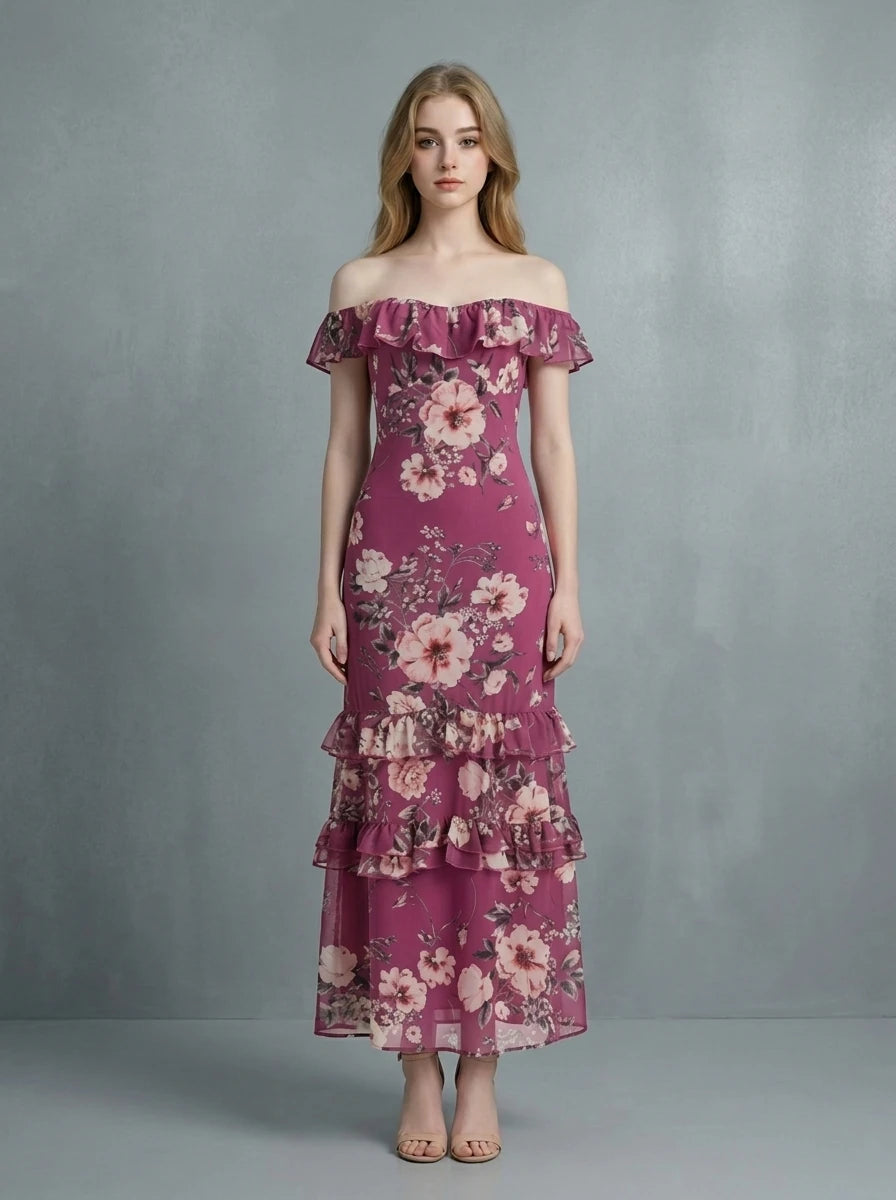 Berry Floral Tiered Ruffle Maxi Dress Main image