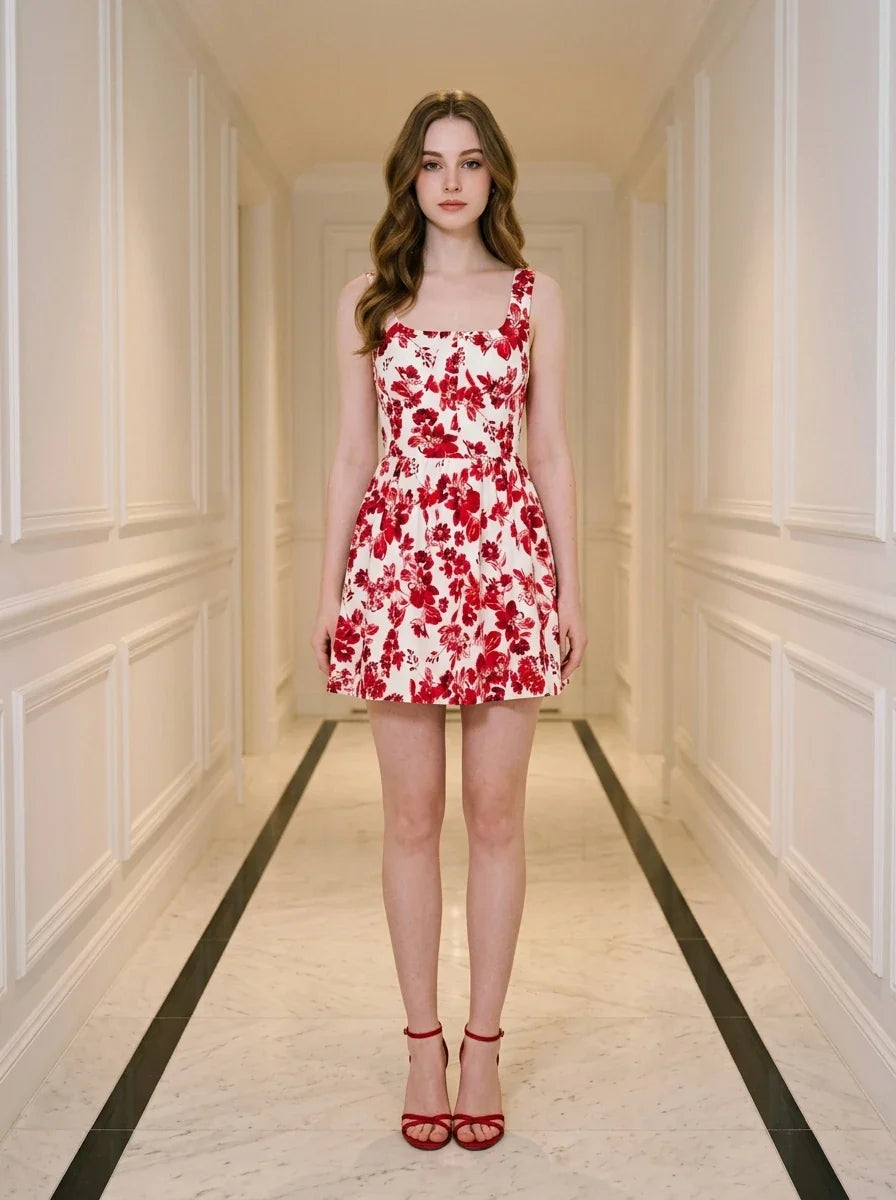 Red Floral Square Neck Skater Mini Dress