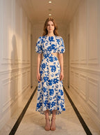 Blue Floral Cut-Out High-Low Maxi Dress