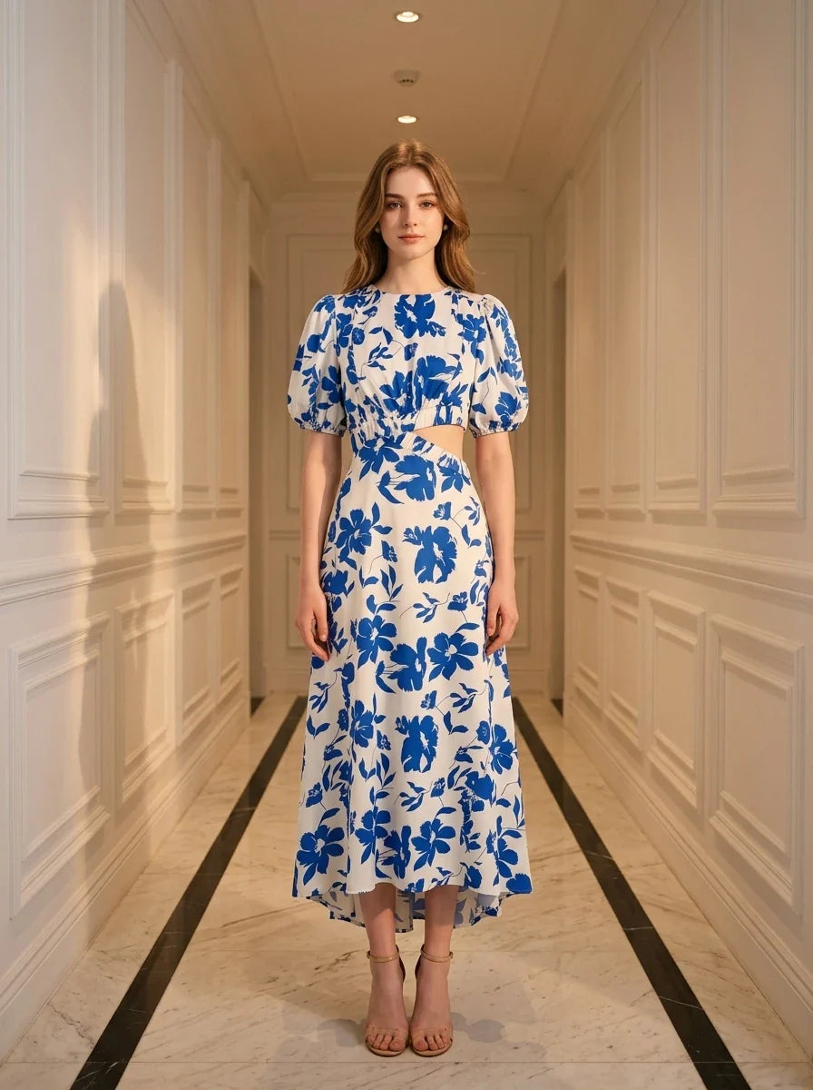 Blue Floral Cut-Out High-Low Maxi Dress Main image