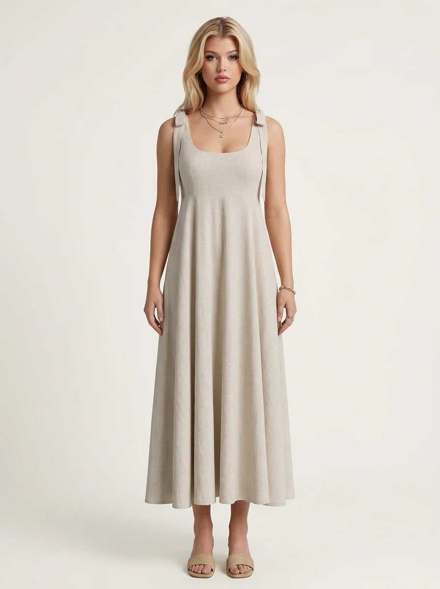 Tie Strap Empire Waist Linen Maxi Dress Beige