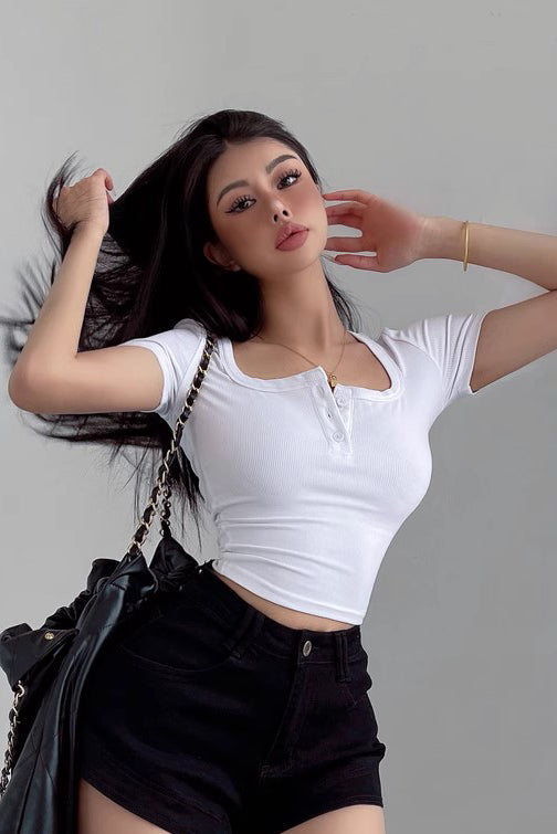 Sexy High Waist Button-Neck Short Sleeve T-Shirt Top Main image