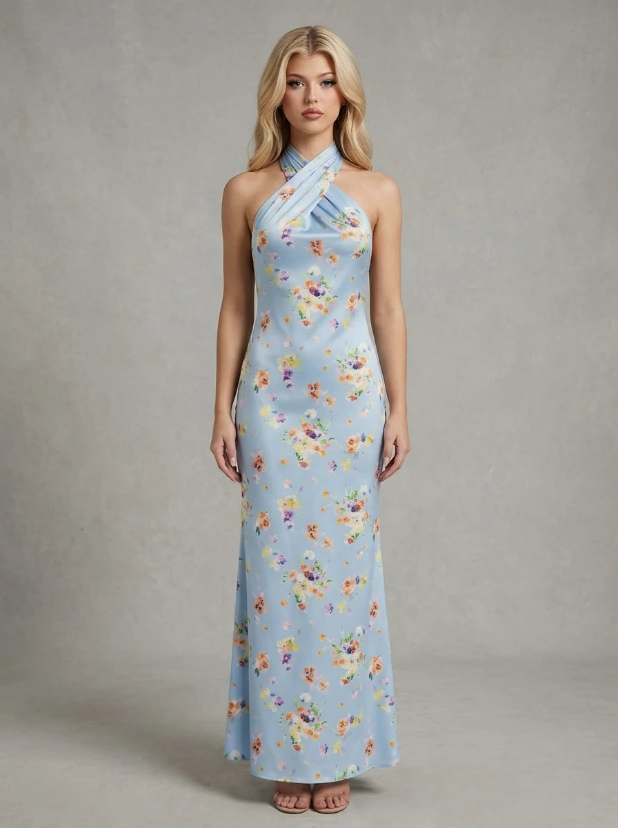 Blue Floral Halter Crossover Satin Maxi Dress Main image