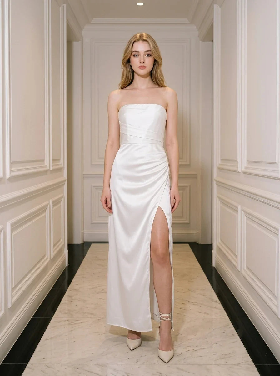 White Strapless Satin Maxi Dress with Split Main image