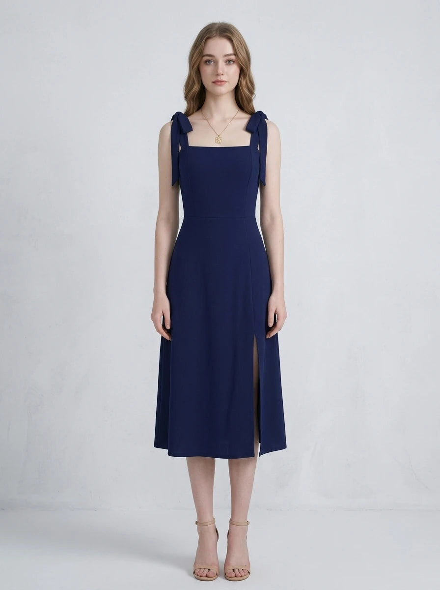 Navy Blue Tie Strap Midi Dress with Front Split Main image