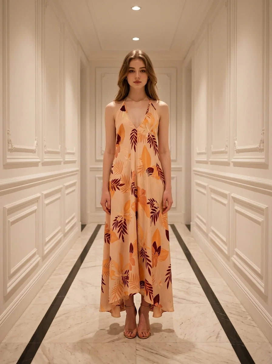 Peach Tropical Leaf Asymmetric V-Neck Midi Dress Main image