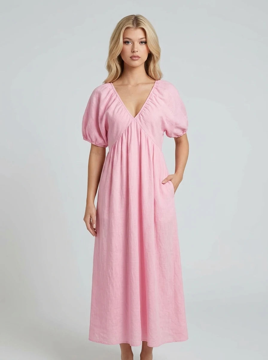 Pink Cotton Puff Sleeve V-Neck Maxi Dress